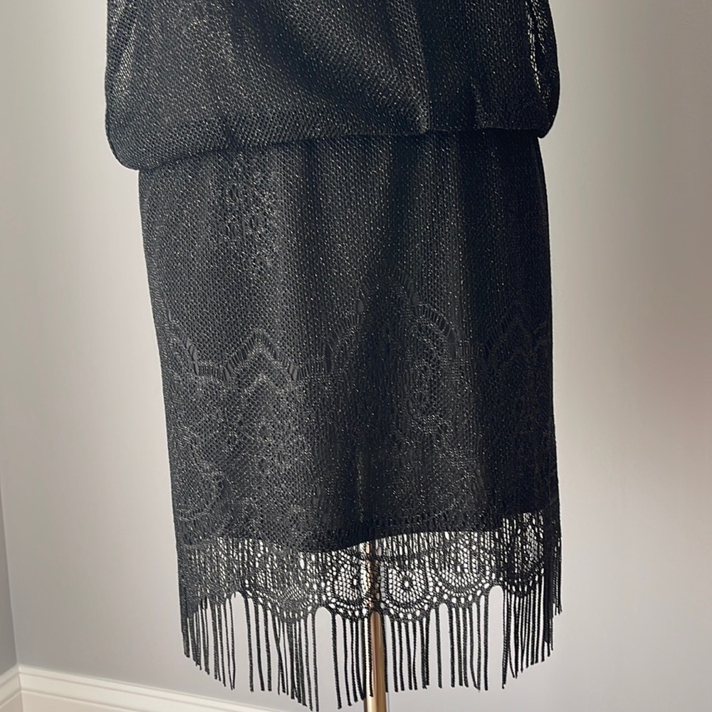 SLNY Black Blouson Halter Crochet Fringe Hem Short Dress
Size 8 - Picture 7 of 11